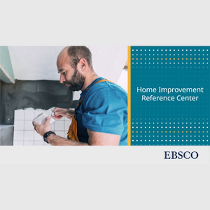 Man installing tiles, alongside "Home Improvement Reference Center" text and EBSCO logo.