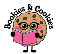 A cute cartoon cookie with glasses holding a pink book, accompanied by the text "Bookies & Cookies."