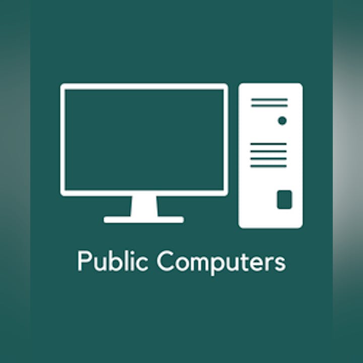Illustration of a computer monitor and tower with the text "Public Computers" below.