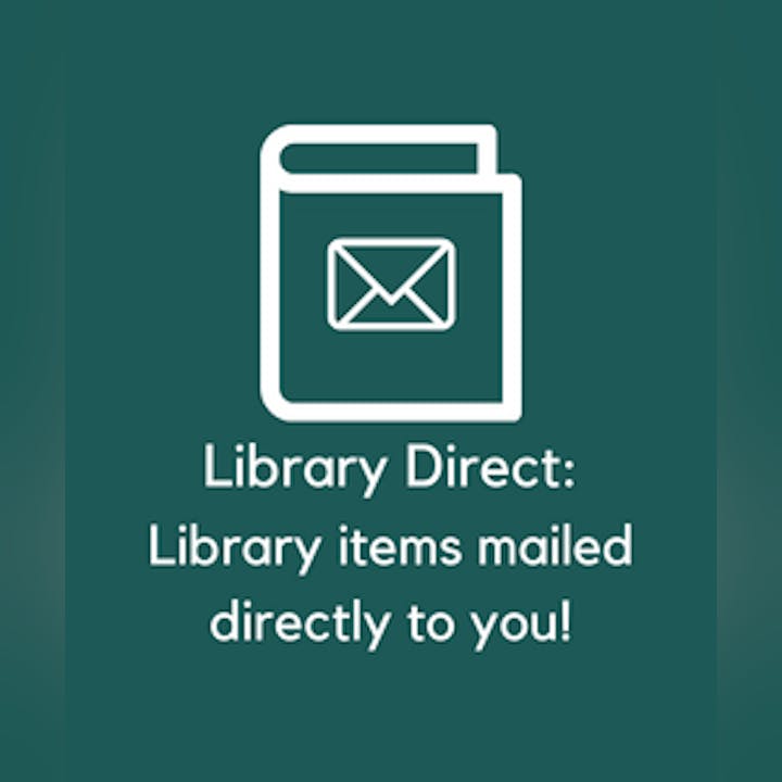 Icon of a book with an envelope, text: "Library Direct: Library items mailed directly to you!"