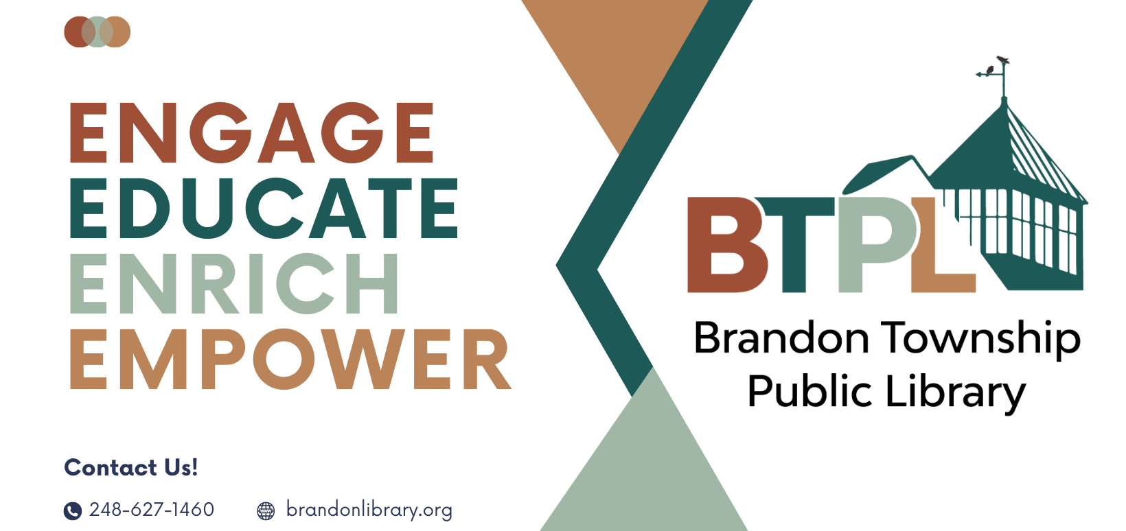 Brandon Township Public Library poster with "Engage, Educate, Enrich, Empower" and contact details.