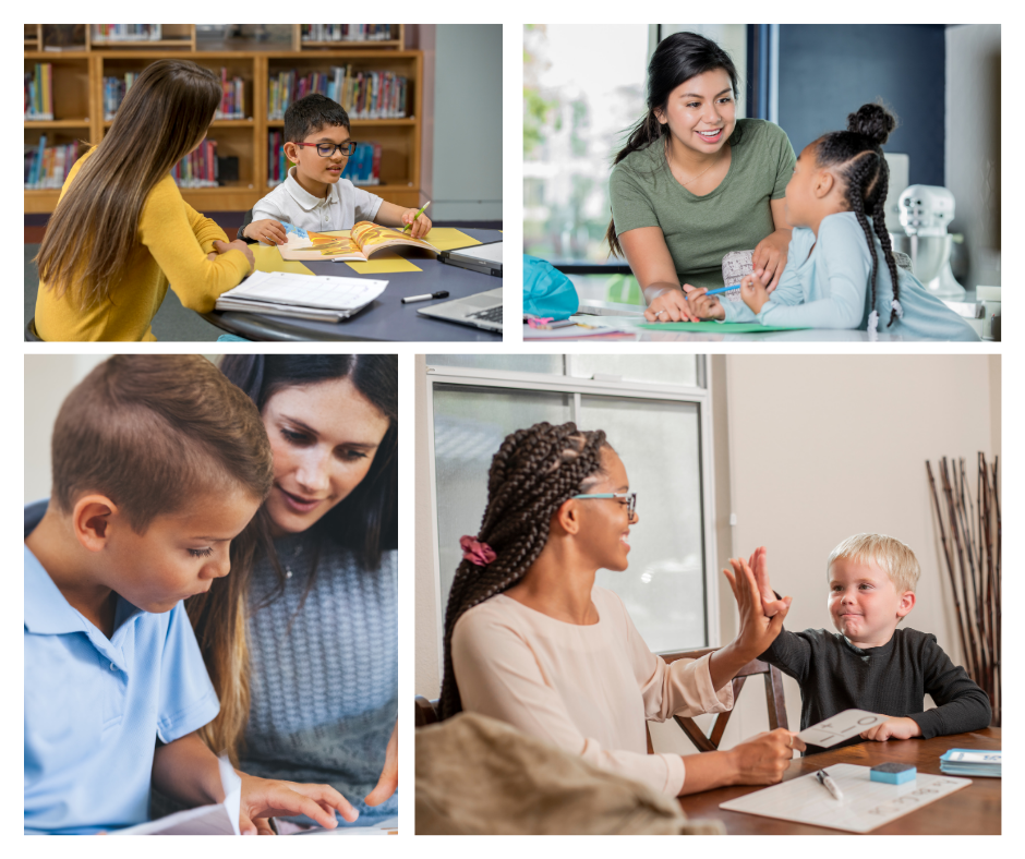 Children and adults engaged in educational activities such as reading, writing, and learning, in various settings.