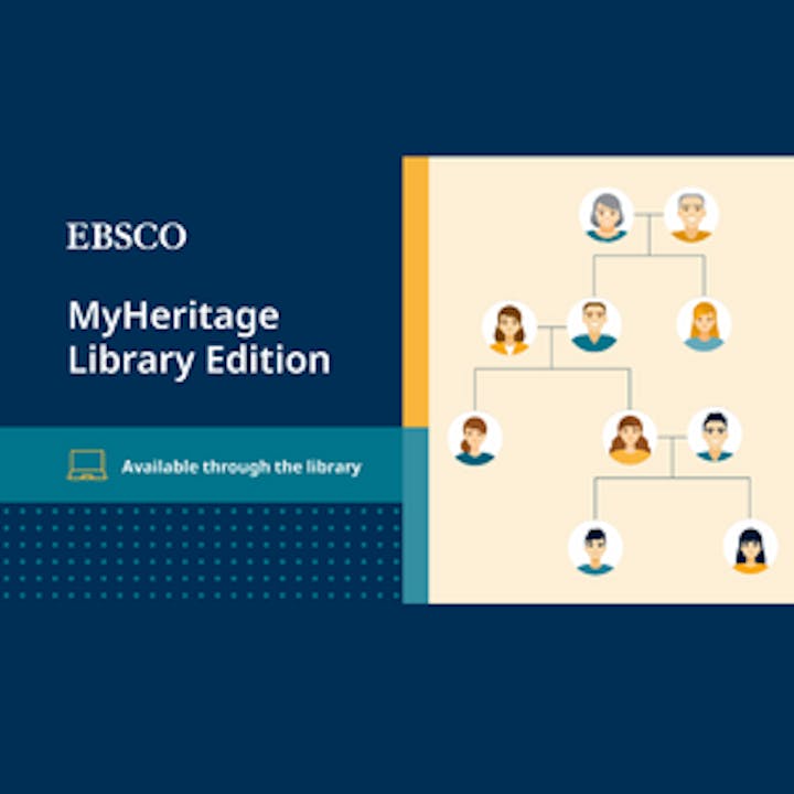 EBSCO MyHeritage Library Edition with a family tree diagram and an "Available through the library" note.