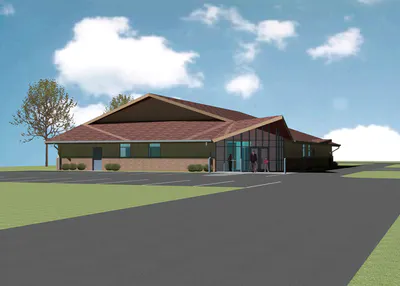 Illustration of a modern building with people outside, parking spaces, a tree, under a blue sky with clouds.