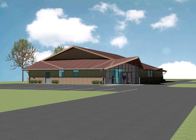 Illustration of a modern building with people outside, parking spaces, a tree, under a blue sky with clouds.