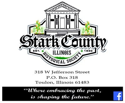Logo of Stark County Historical Society in Illinois with an address and slogan, plus a Facebook icon.