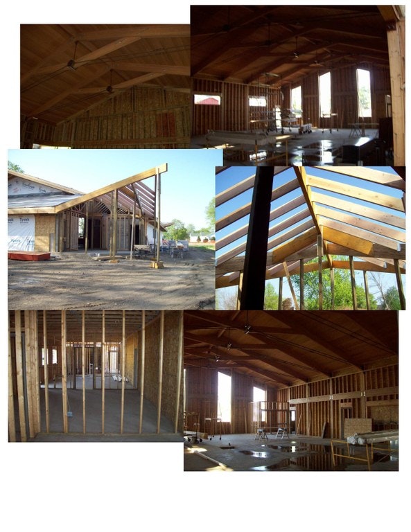 A collage of construction site photos showing different stages of building wooden structures.