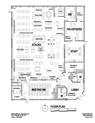 A detailed library floor plan with labeled sections for stacks, reading areas, meeting rooms, staff space, and facilities.
