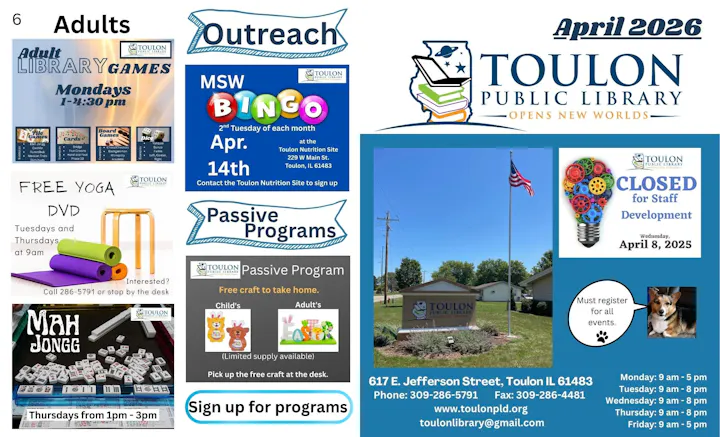 The image details events at the Toulon Public Library, including Adult Library Games, Yoga DVDs, and a Bingo event on April 14.