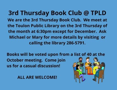 Advertisement for a book club meeting at the Toulon Public Library with contact details and an invitation to join.