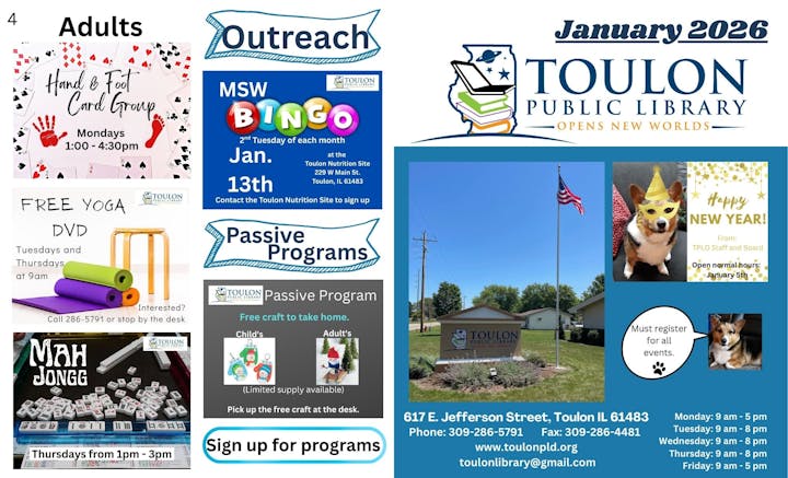 Toulon Public Library offers events and programs for adults, including yoga, bingo, and crafts. Open hours listed for January 2026.