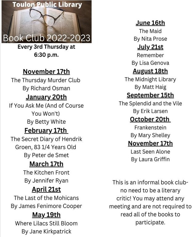 It's a flyer for Toulon Public Library's Book Club 2022-2023 schedule, listing dates, book titles, authors, and inviting anyone to join.