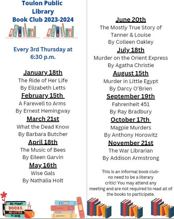 A flyer for Toulon Public Library's Book Club 2023-2024, listing meeting dates and book titles.