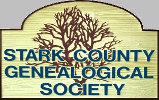 A logo for Stark County Genealogical Society with a tree graphic.