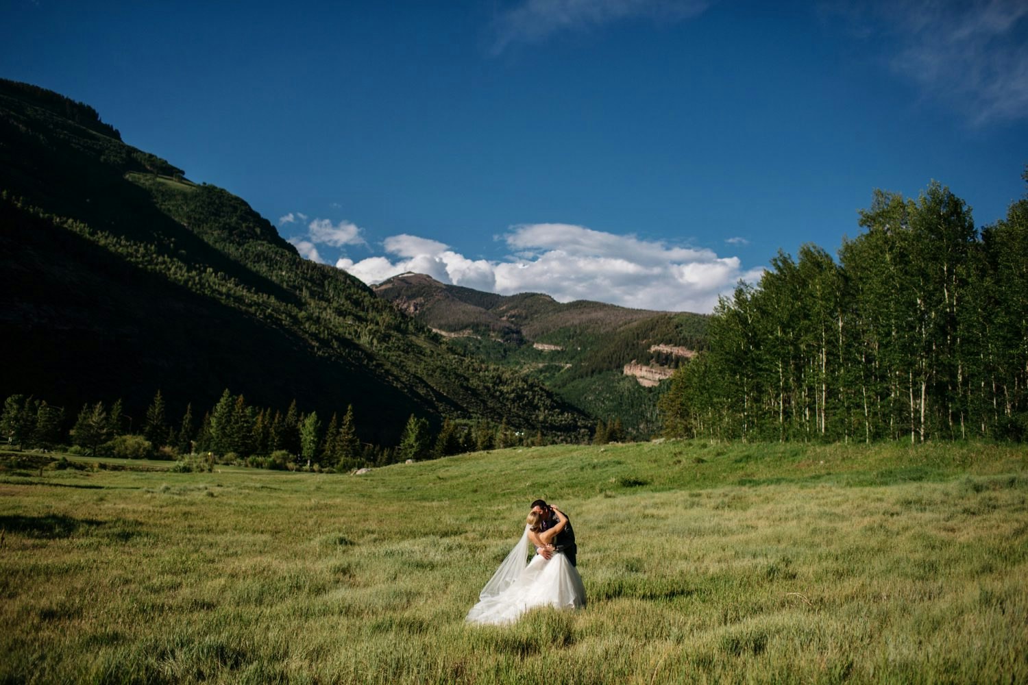 A couple embracing in a grassy field with mountains and blue sky in the background.