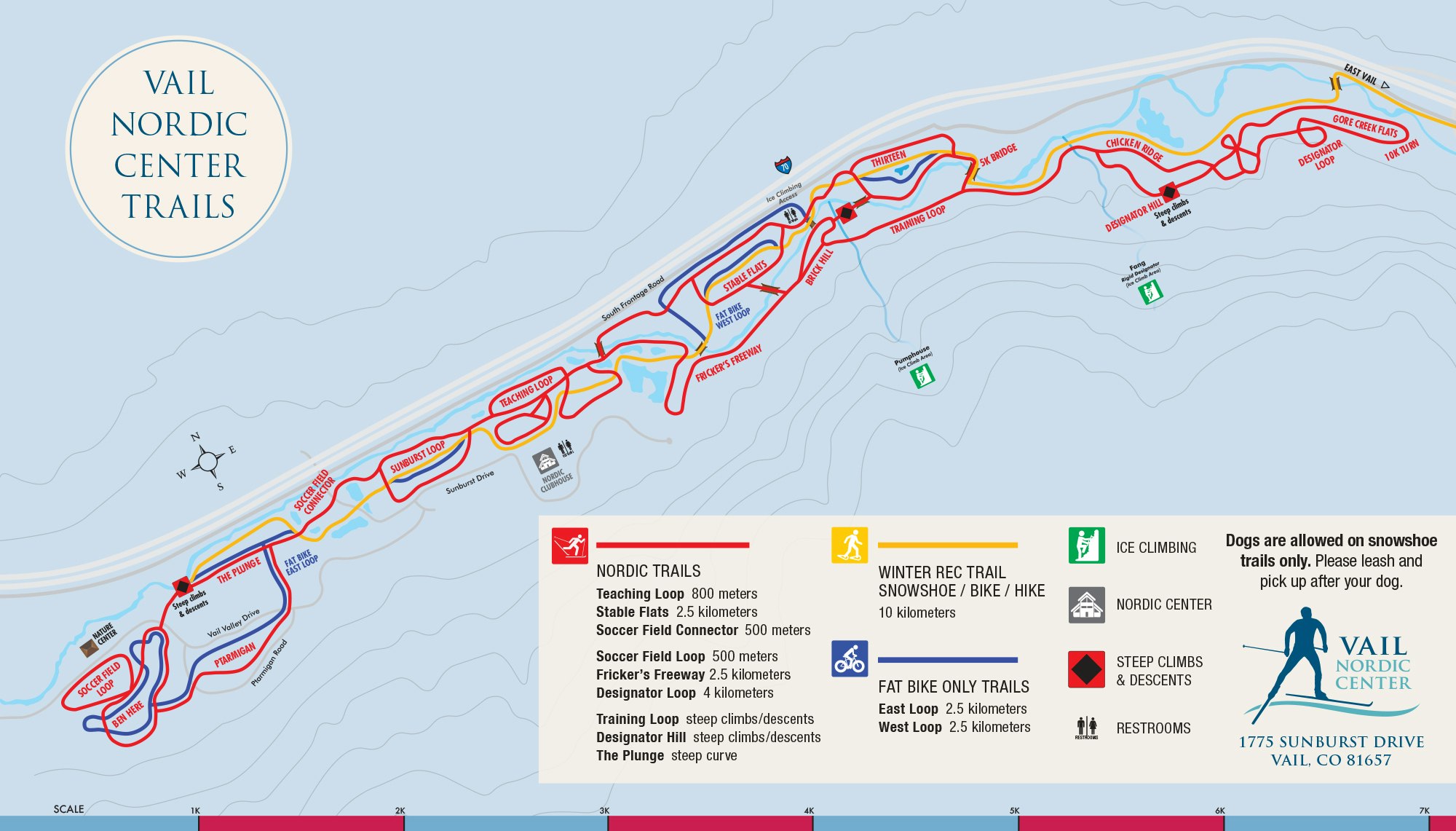 A map of the Vail Nordic Center Trails showing nordic, winter recreational, and bike trails, with key facilities and regulations.