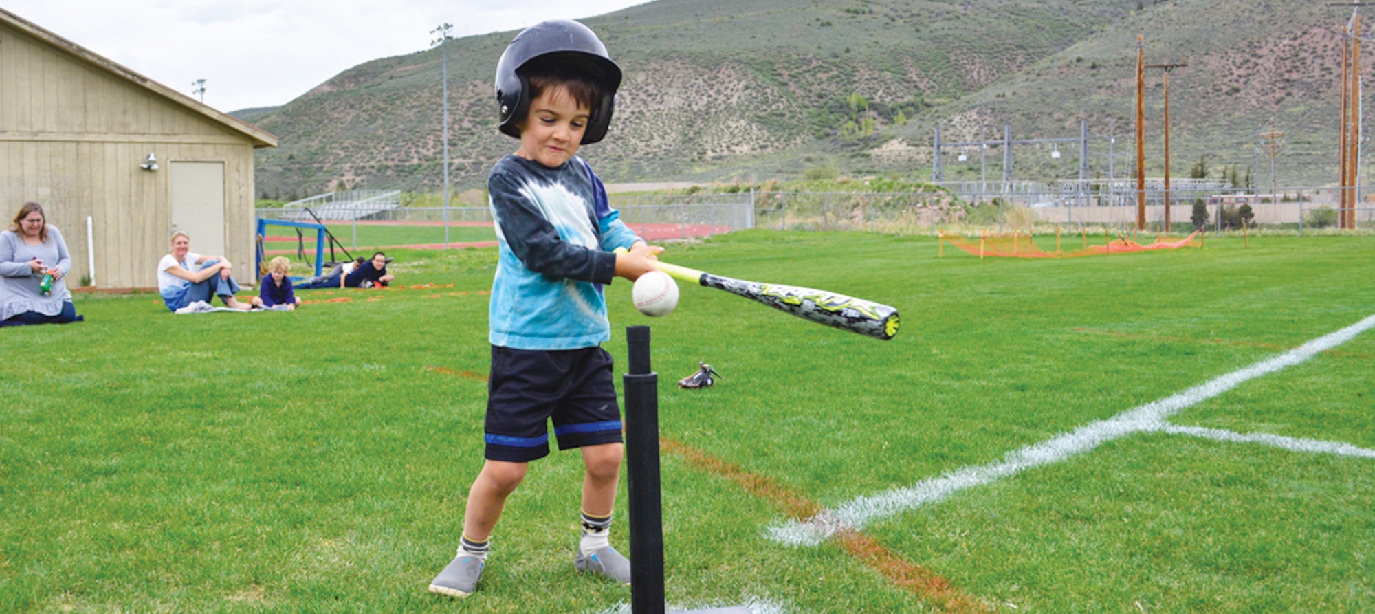 A child playing tee-ball on a grassy field with spectators in the background.