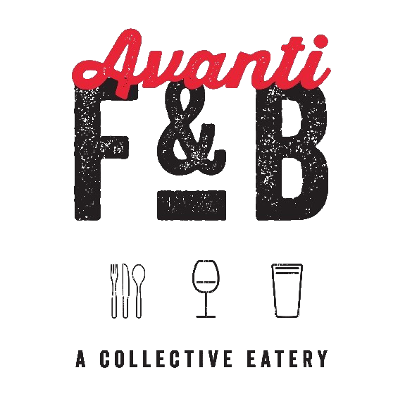 Logo for "Avanti F&B, a collective eatery" with icons of cutlery, wine glass, and pint glass.