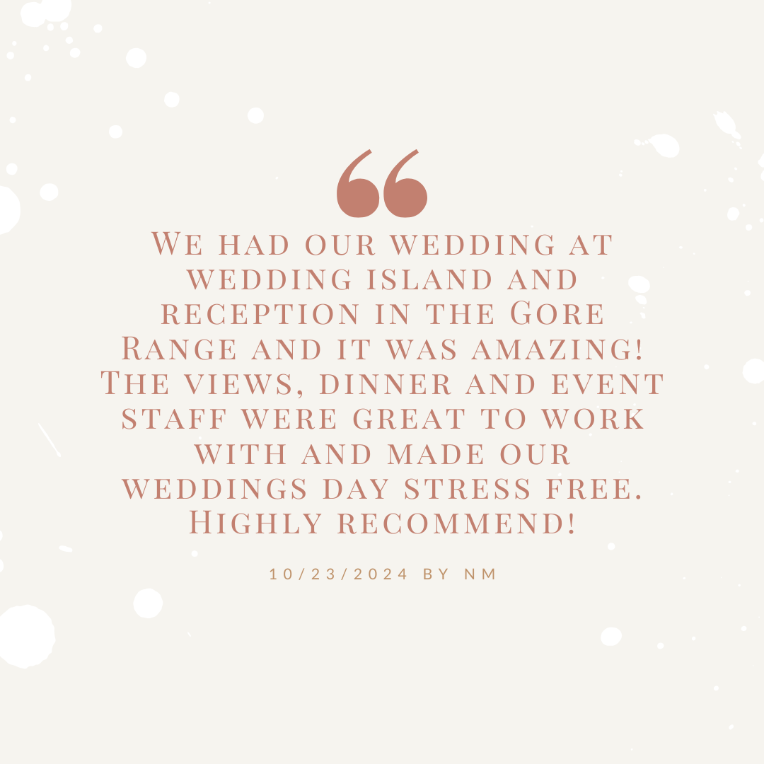 A testimonial about a stress-free wedding at Wedding Island in the Gore Range, praising views, dinner, and staff; highly recommended.