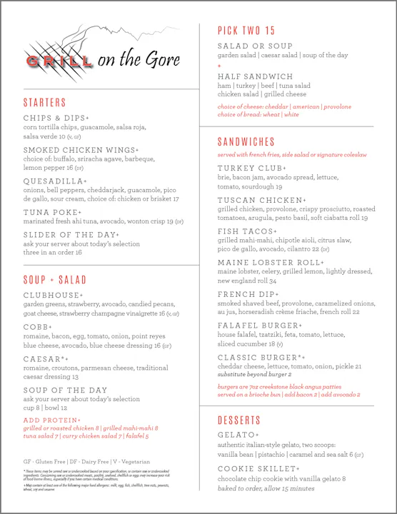 The image is a menu for "Grill on the Gore" featuring starters, salads, sandwiches, and desserts with prices.