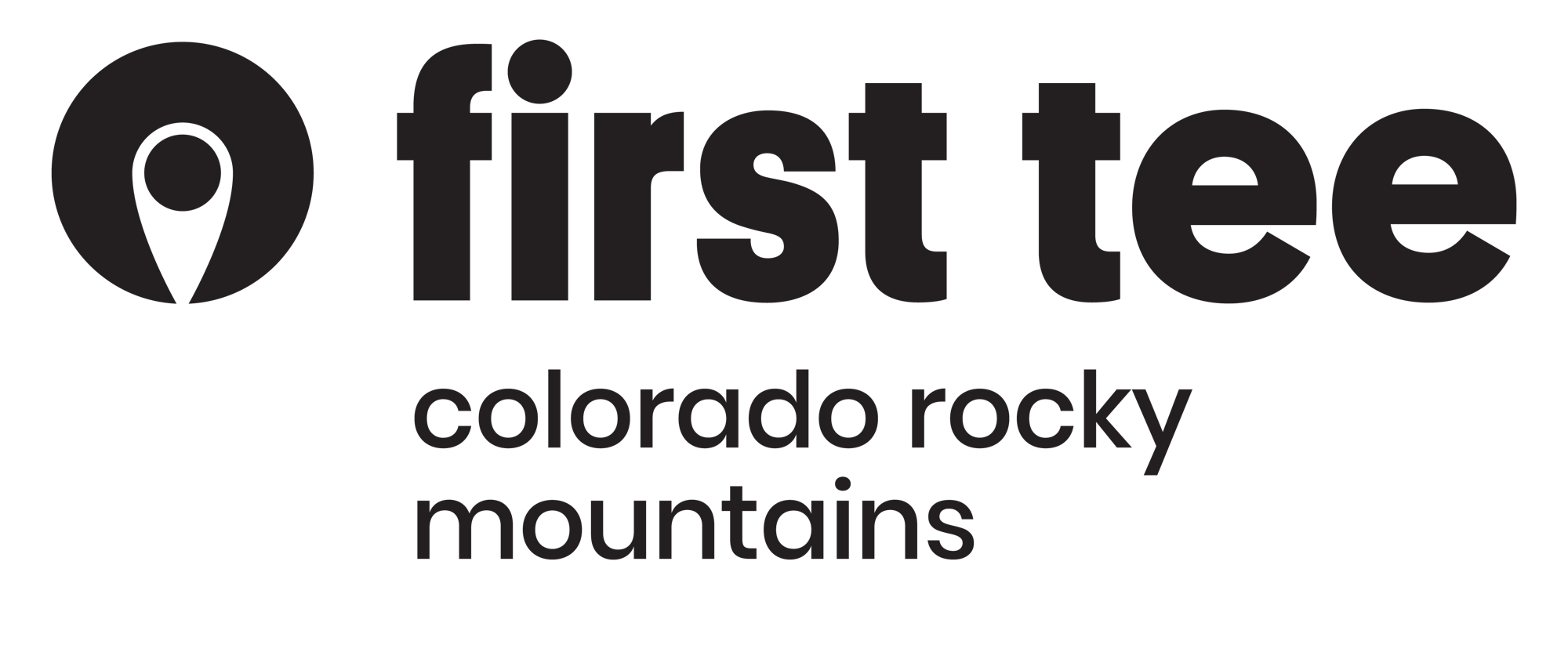 A logo with the text "first tee Colorado rocky mountains" in black font on a gray background.
