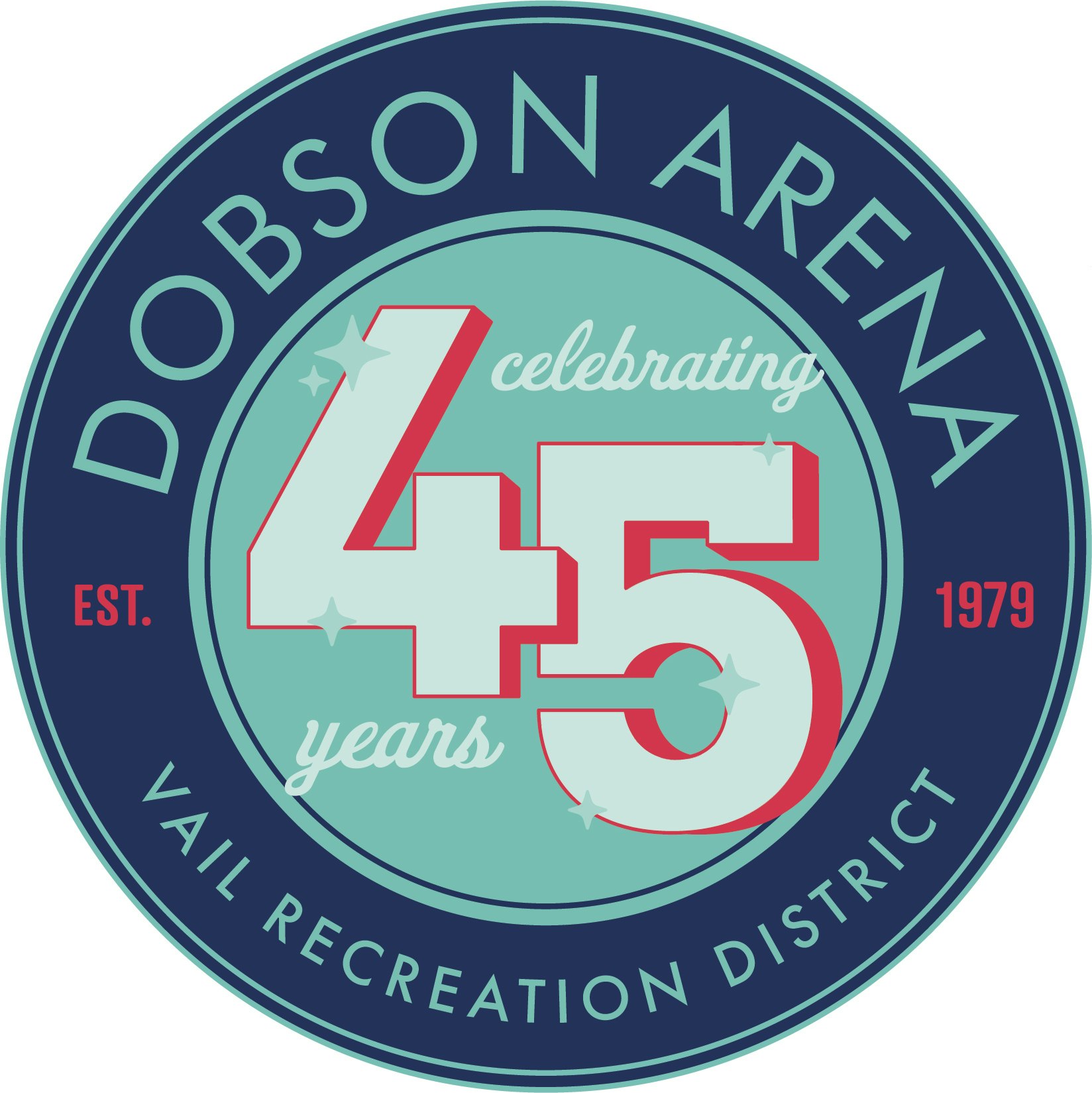 Logo for Dobson Arena, celebrating 45 years, established in 1979, Vail Recreation District.