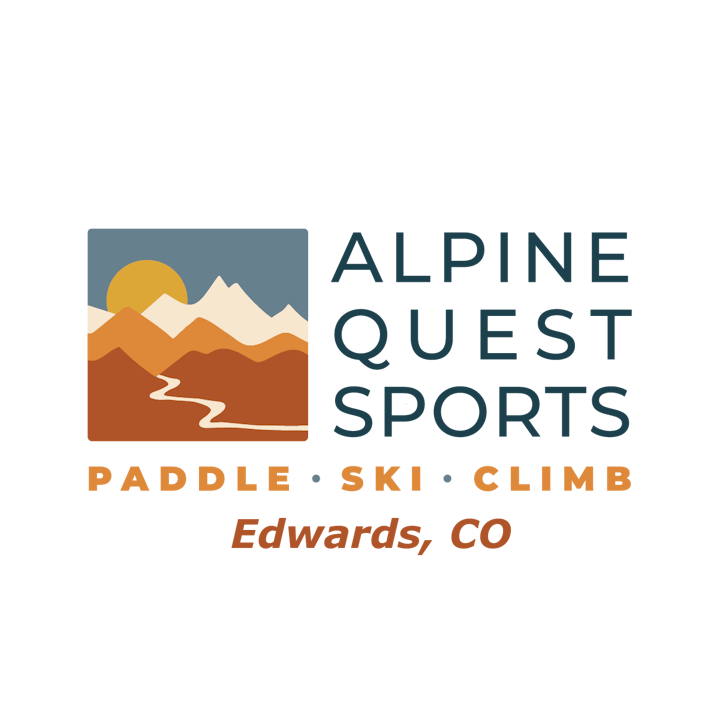 Logo for Alpine Quest Sports, featuring mountains, sun, and activities: Paddle, Ski, Climb. Location: Edwards, CO.