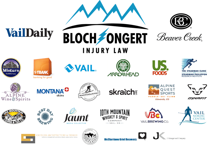 The image contains various logos of local businesses and sponsors, primarily related to the Vail area and outdoor activities.