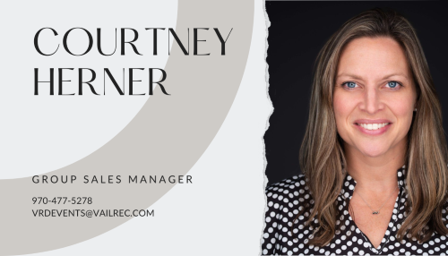 Business card with a person's photo, name "Courtney Herner," title "Group Sales Manager," contact details: phone and email.