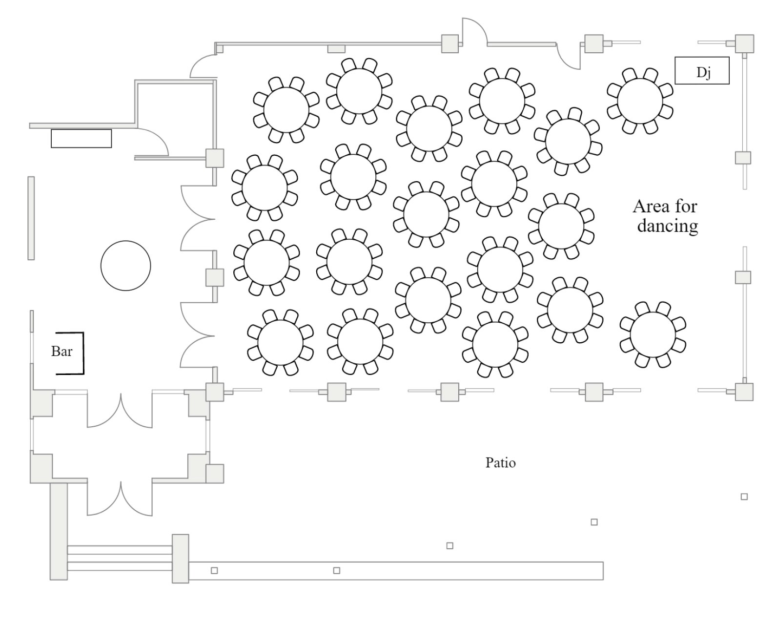 Floor plan of a venue with tables, a dance area, DJ booth, bar, and patio.