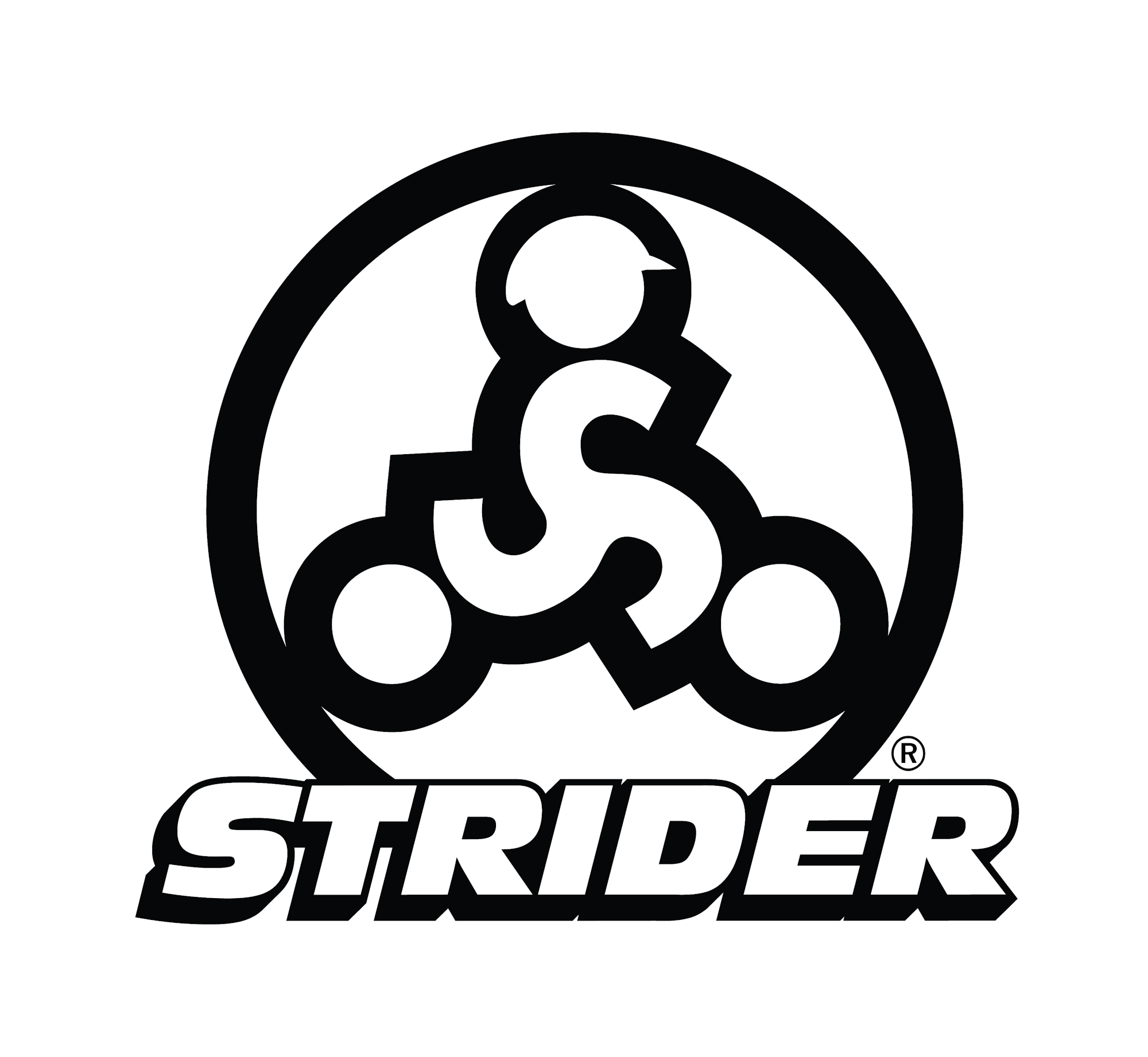 Black and white logo with the word "STRIDER" and a stylized figure on a bike.