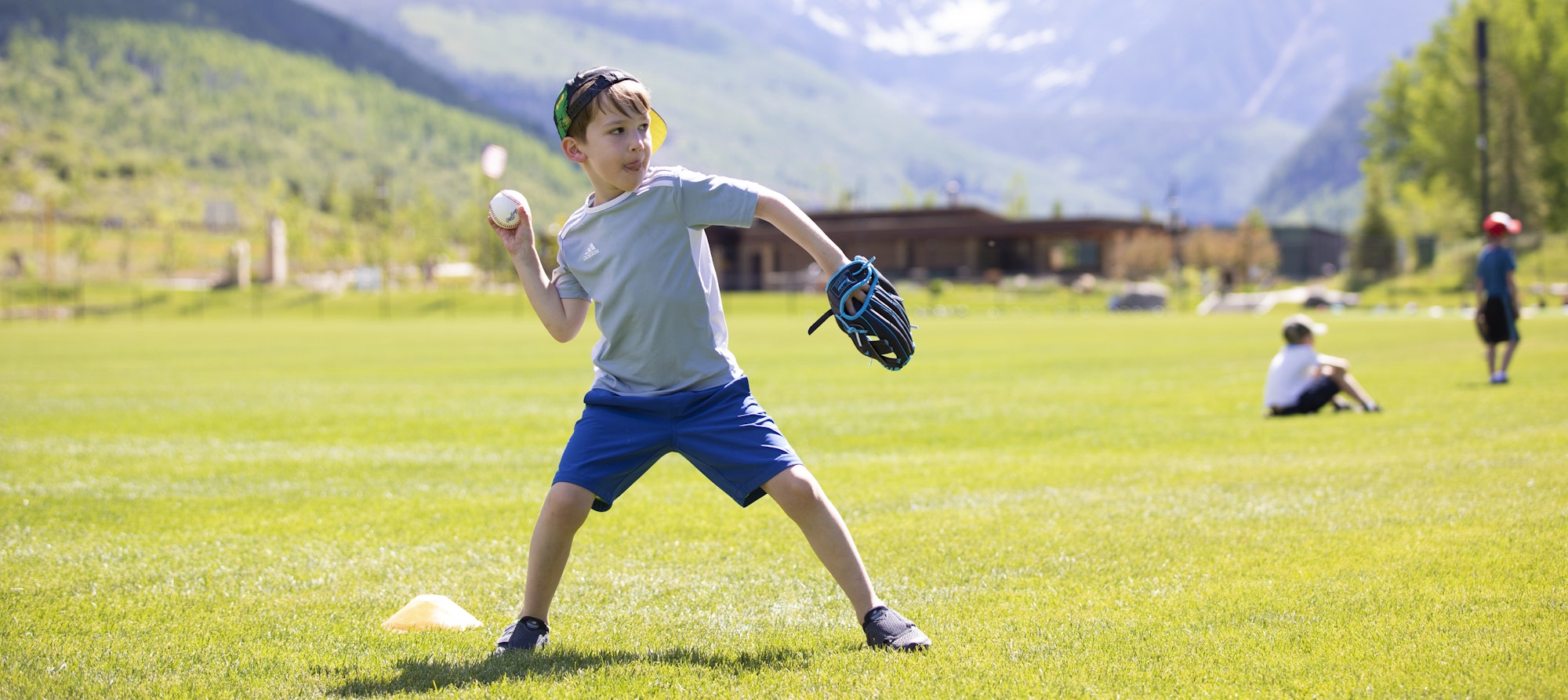 A child poised to throw a baseball in a sunny field, other kids visible in the background.