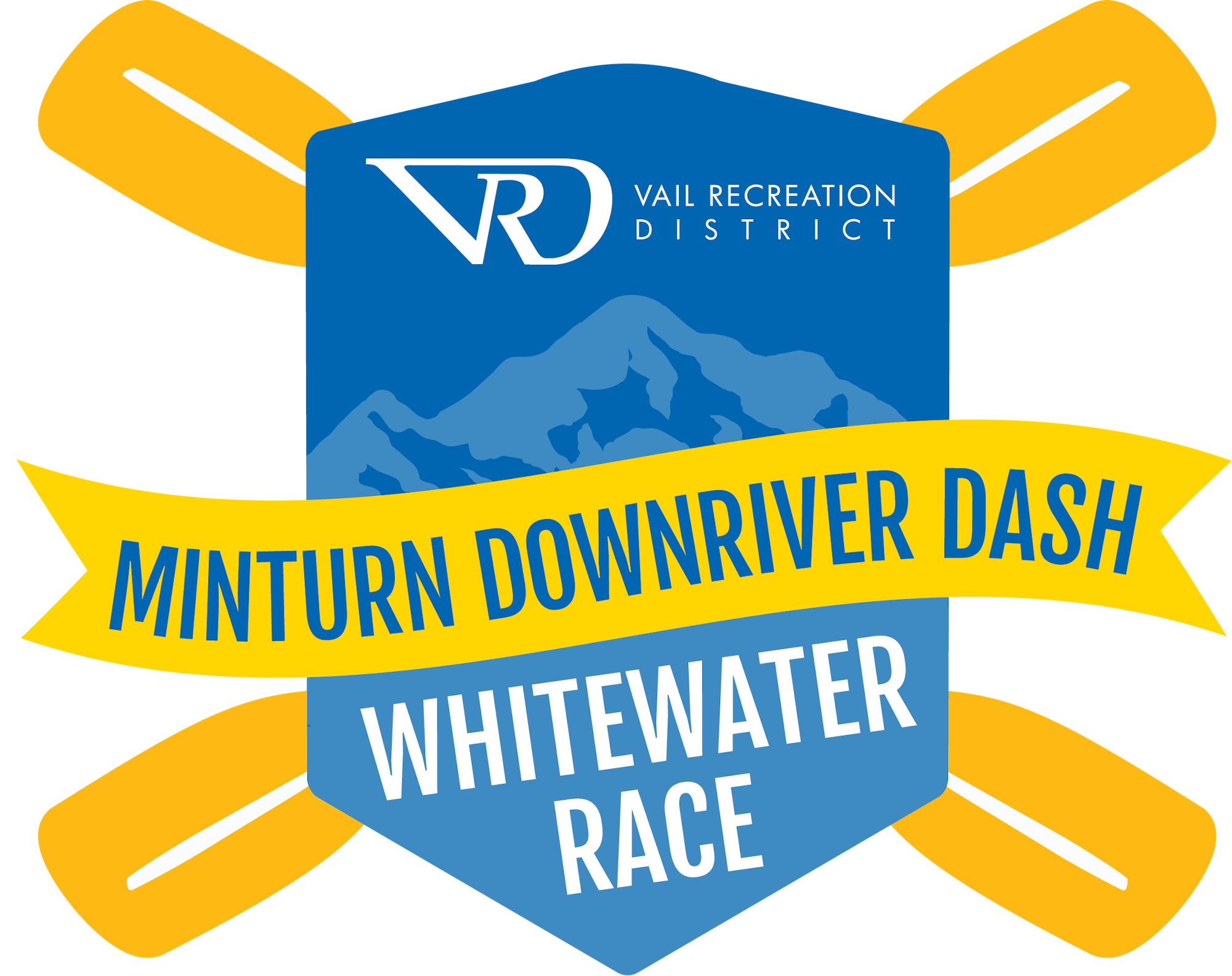 A logo for the Minturn Downriver Dash Whitewater Race, featuring paddles and mountains.