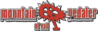 A logo with text "mountain pedaler" and a gear-shaped figure with eyes and legs.