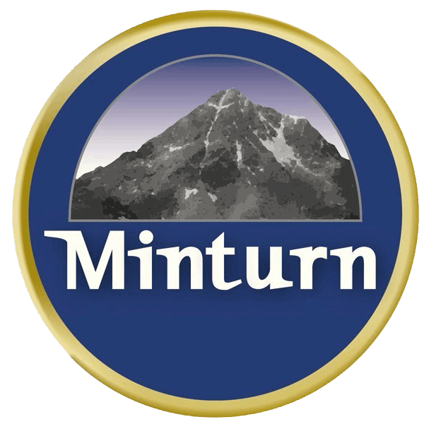 A logo with a mountain and the word "Minturn" in white on a blue circle with a gold border.