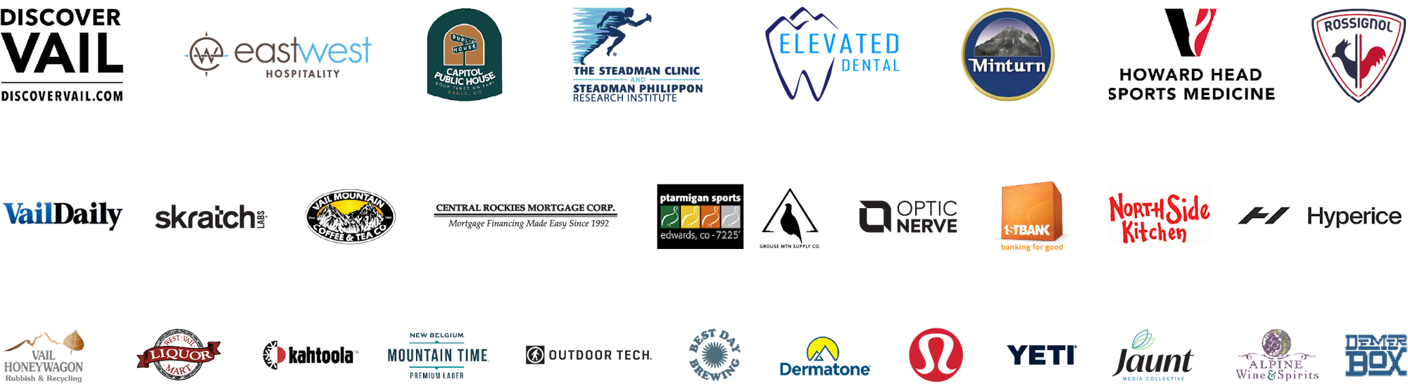 A collection of various logos, including Discover Vail, East West Hospitality, and Howard Head Sports Medicine.