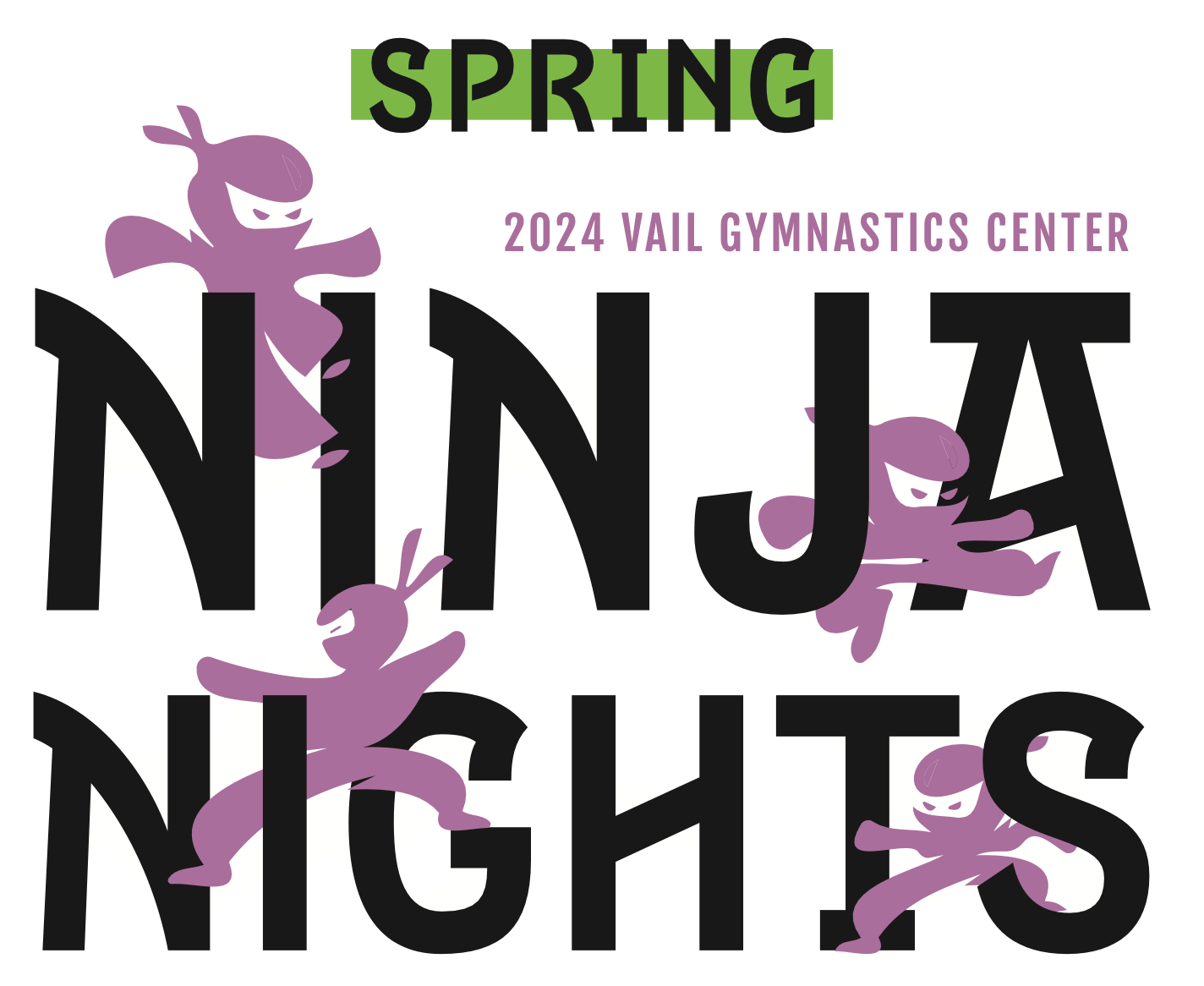 Graphic for "Spring Ninja Nights" at Vail Gymnastics Center, featuring stylized ninjas in action.