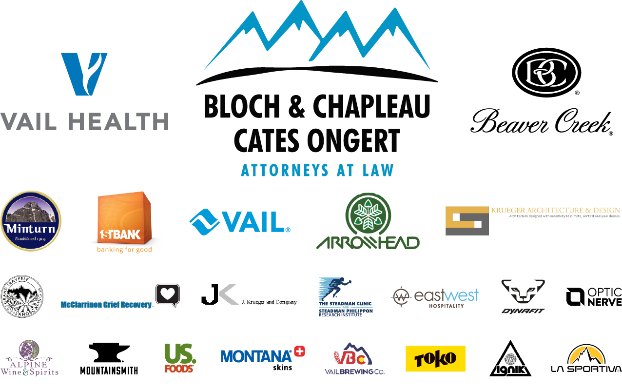 A collage of various company logos including Vail Health, 1st Bank, Arrowhead, and others related to law, hospitality, and outdoor products.