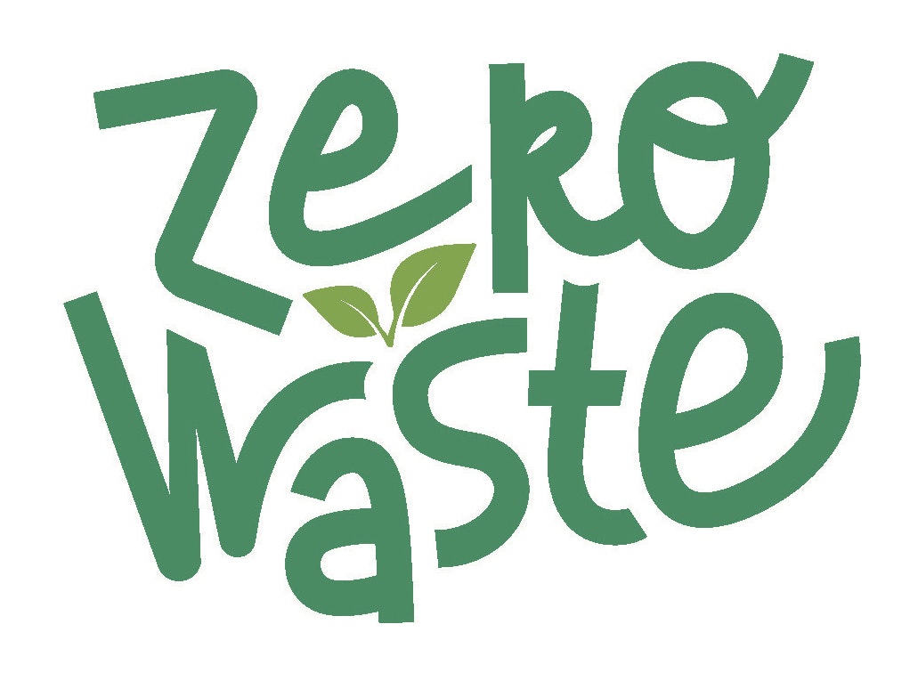 The image displays the text "Zero Waste" in green, incorporating a leaf design within the letters.