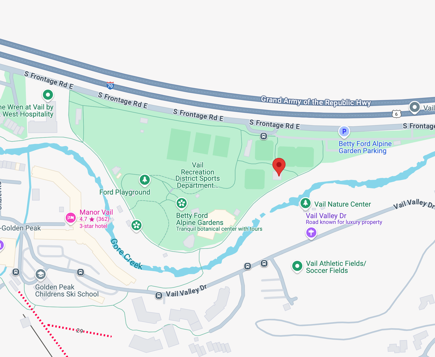 A map showing part of Vail, Colorado, with landmarks like Betty Ford Alpine Gardens and Vail Nature Center noted.