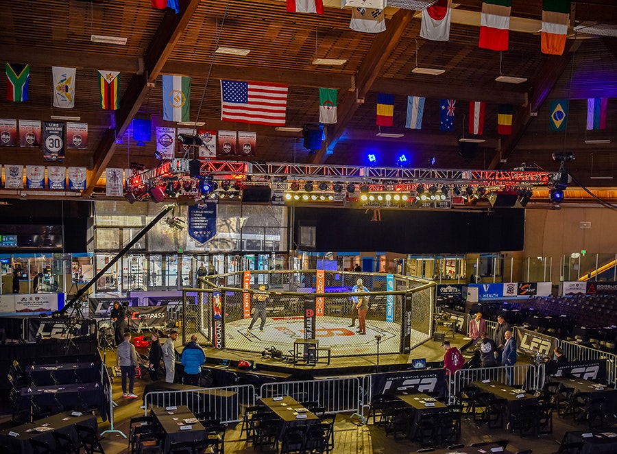 Dobson Arena with an MMA cage, seating, lights, and international flags on the ceiling.
