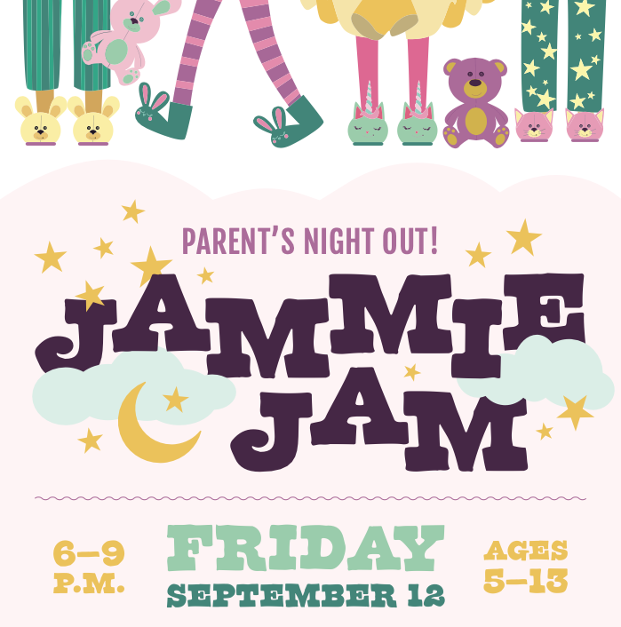 Jammie Jam event for ages 5-13 on Friday, September 12, from 6-9 PM.