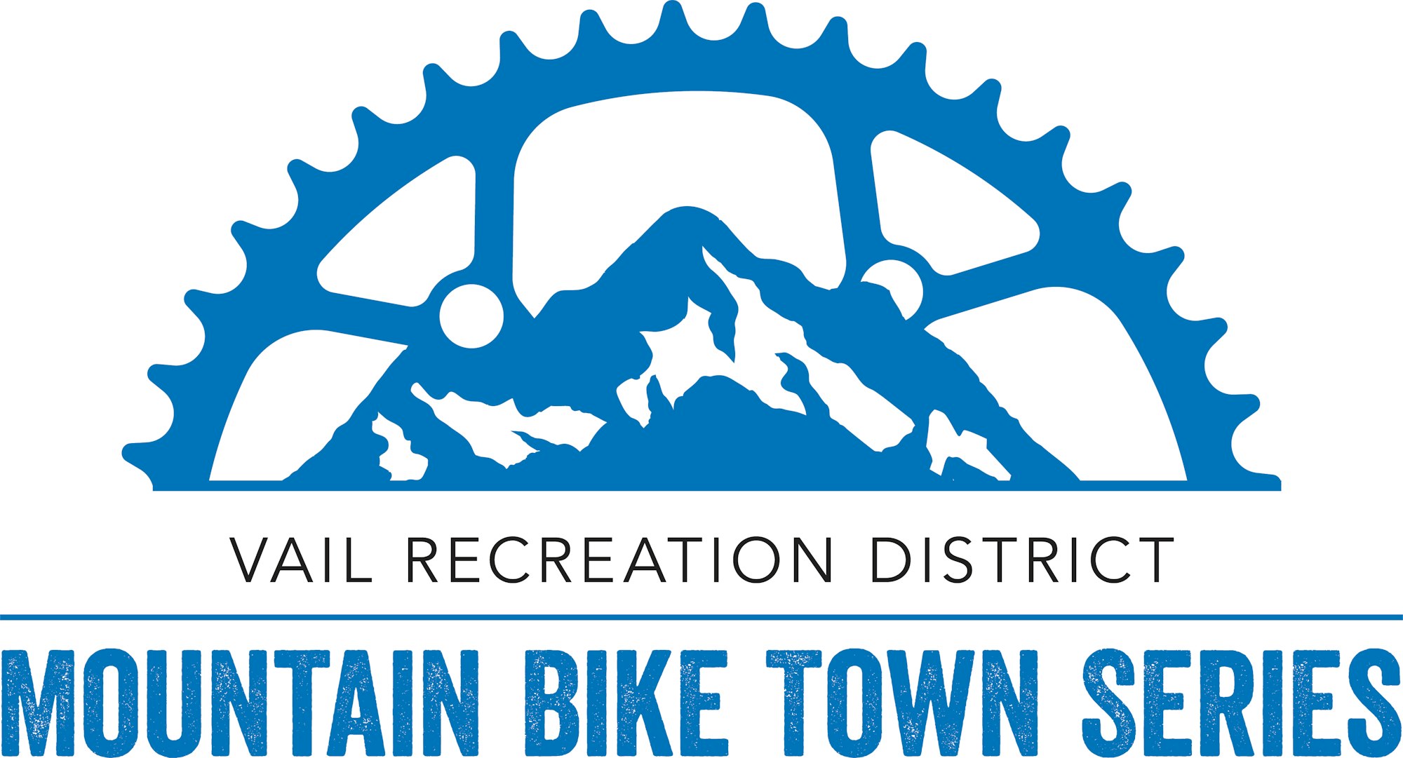 Logo for the Vail Recreation District's Mountain Bike Town Series featuring a mountain and bike gear design.