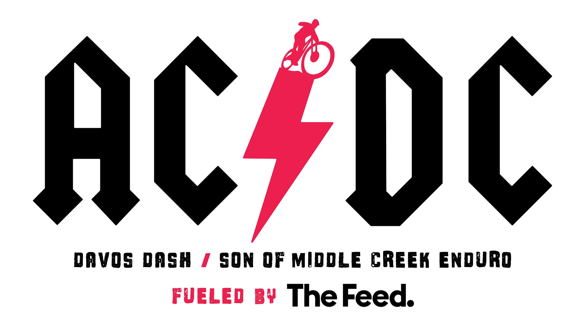 Logo parody resembling AC/DC with a cyclist, lightning bolt, and event names "Davos Dash" and "Son of Middle Creek Enduro".