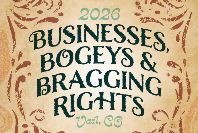 The image features "2026 Businesses, Bogeys & Bragging Rights" and indicates the event is in Vail, CO.