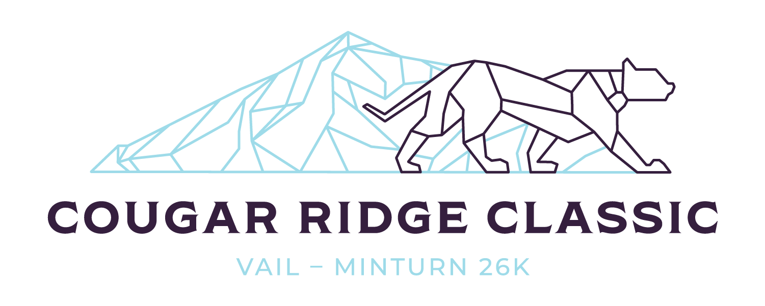 A graphic design of a mountain and a cougar with "COUGAR RIDGE CLASSIC VAIL – MINTURN 26K" text.
