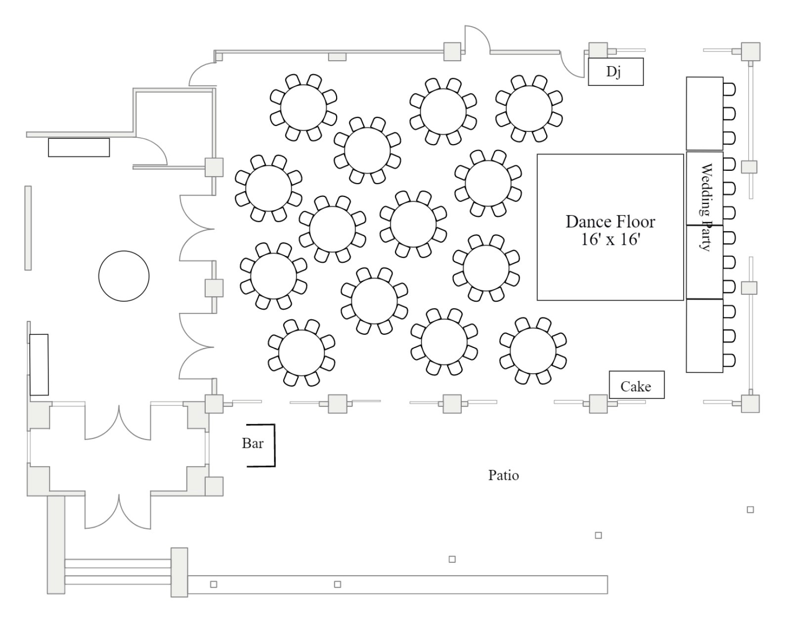 Floor plan for a wedding reception with tables, a dance floor, DJ booth, bar, cake, and patio.