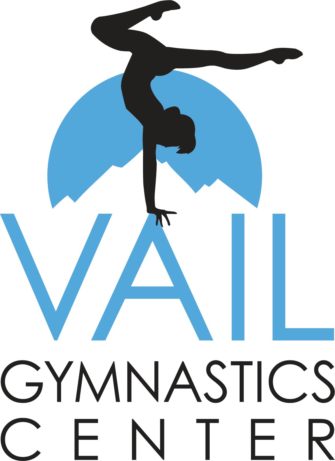A logo with a silhouette of a gymnast over stylized mountains, text "VAIL GYMNASTICS CENTER".