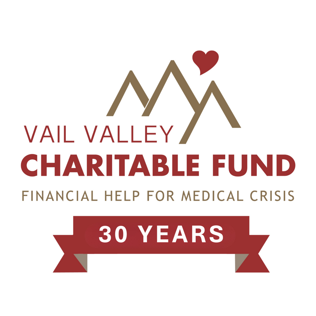 Logo for the Vail Valley Charitable Fund, offering financial help for medical crises, celebrating 30 years of service.