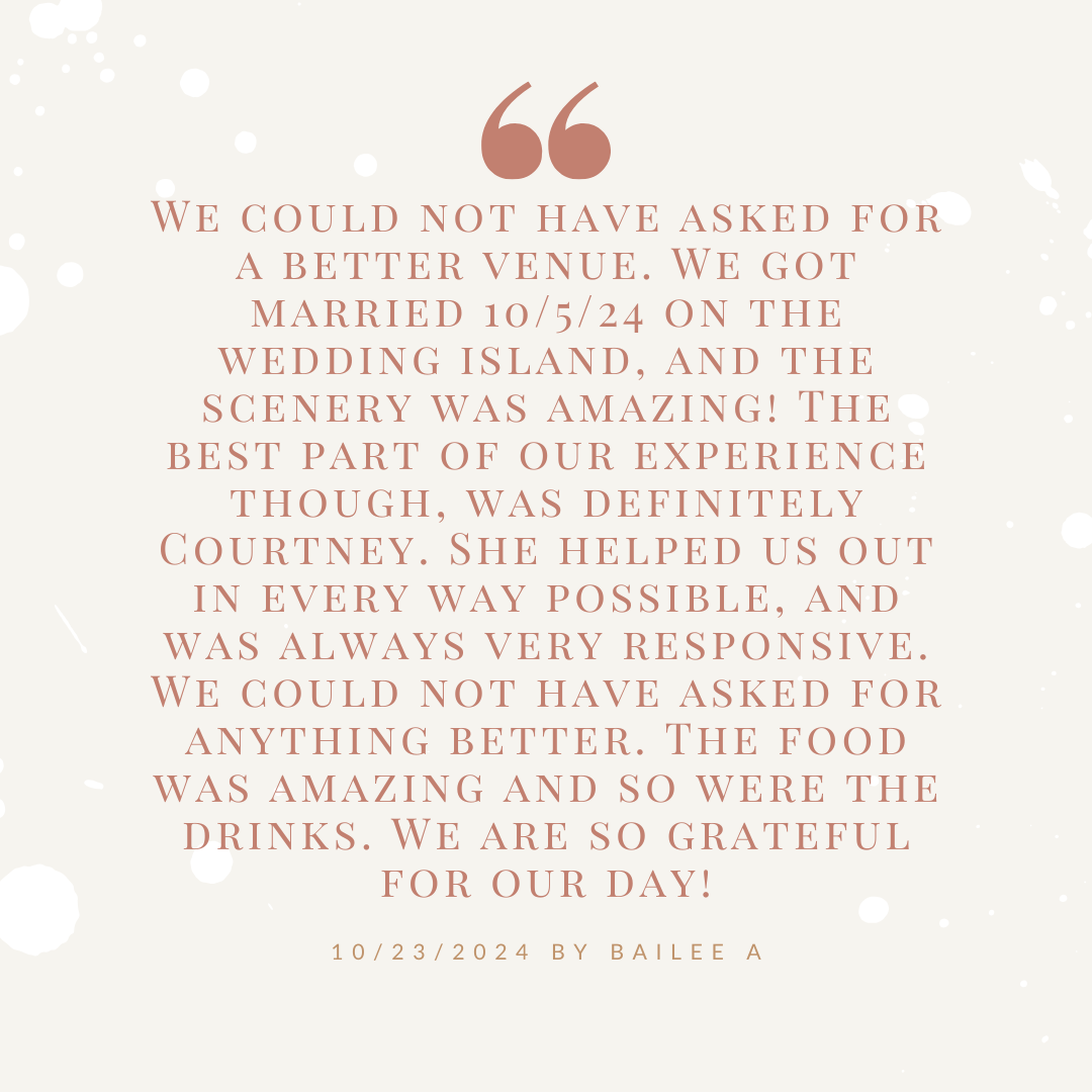 A positive testimonial about a wedding venue, praising the scenery, service by Courtney, and the food and drinks.